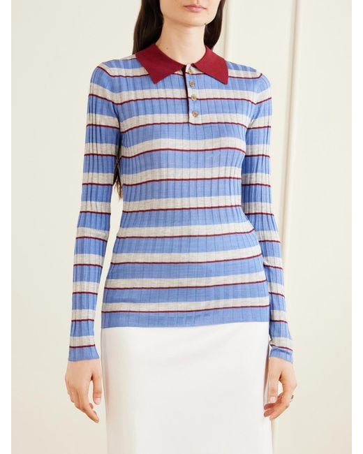 Brandon Maxwell Blue The Joni Striped Silk And Cashmere-Blend Polo Sweater