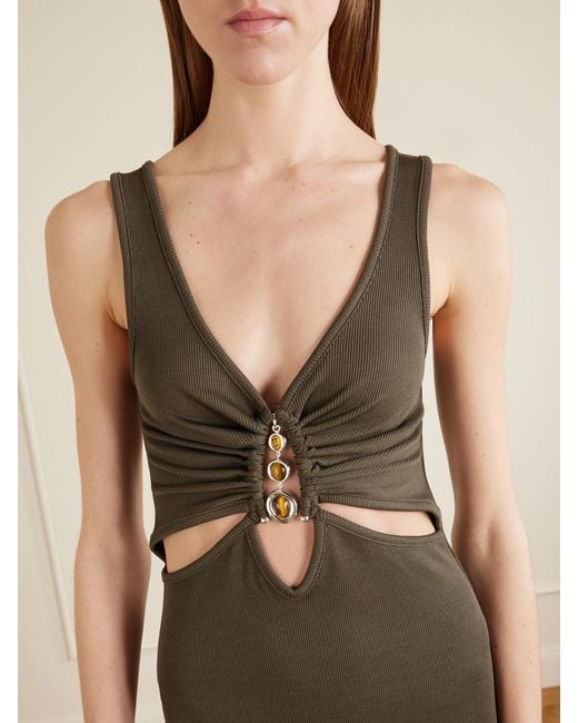Christopher Esber Natural Droplet Embellished Cut-Out Ribbed-Jersey Midi Dress