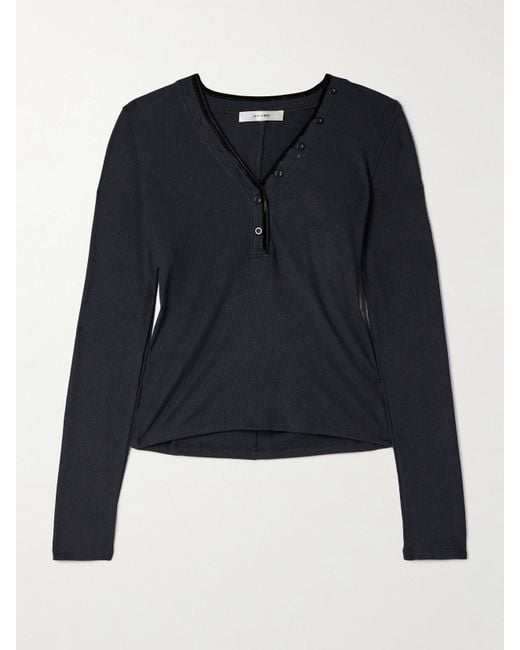 FRAME Blue The Henley Velvet-Trimmed Ribbed Stretch-Modal Top