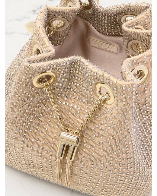 Jimmy Choo Natural Bon Bon Crystal-Embellished Mesh And Satin Bucket Bag