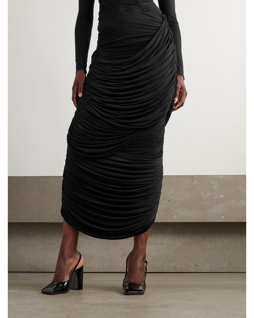 Magda Butrym Black Ruched Draped Jersey Midi Skirt