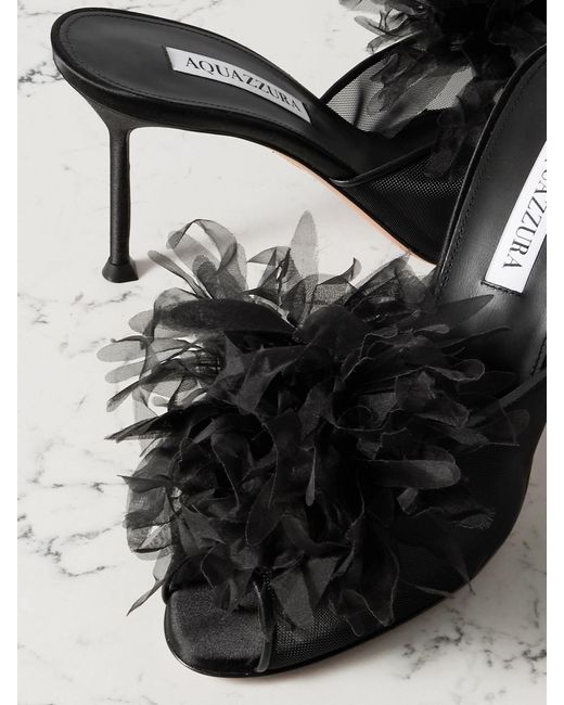 Aquazzura Black Poème 85 Embellished Organza And Leather-Trimmed Mesh Mules