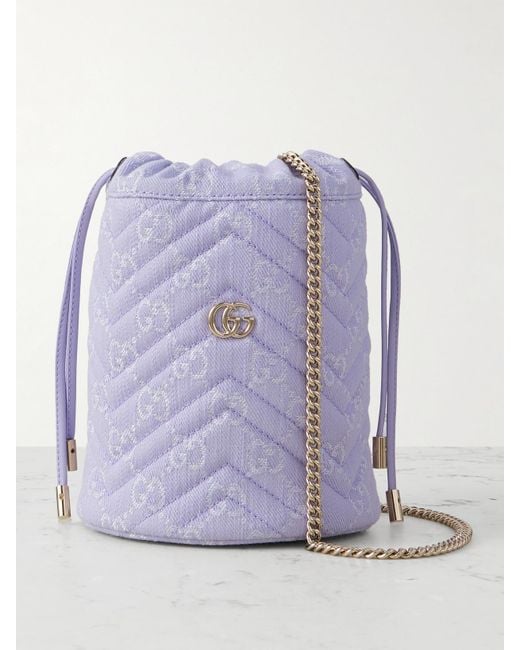 Gucci Purple Gg Marmont 2.0 Leather-Trimmed Jacquard-Denim Bucket Bag
