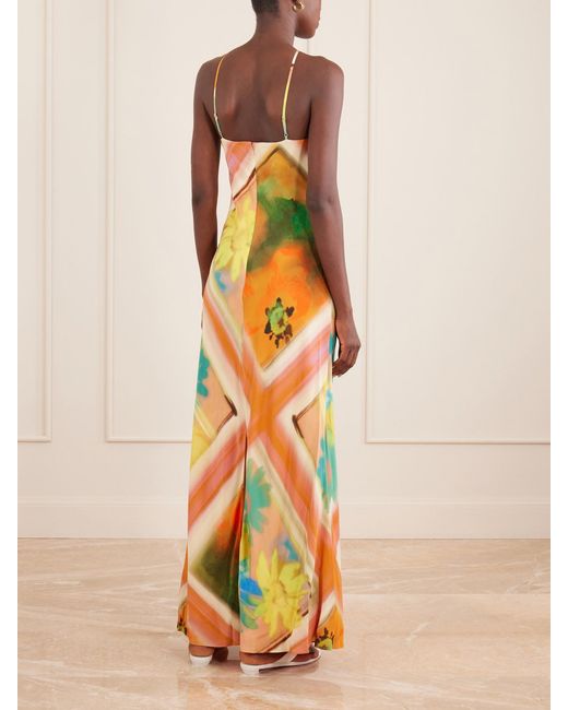 Staud White Cubism Striped Floral-Print Satin Maxi Dress