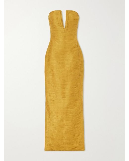 Marmar Halim Yellow Cape-Effect Plissé Satin Gown