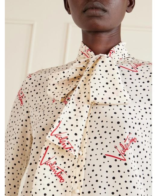 Valentino Garavani White Pussy-Bow Polka-Dot Silk Crepe De Chine Blouse