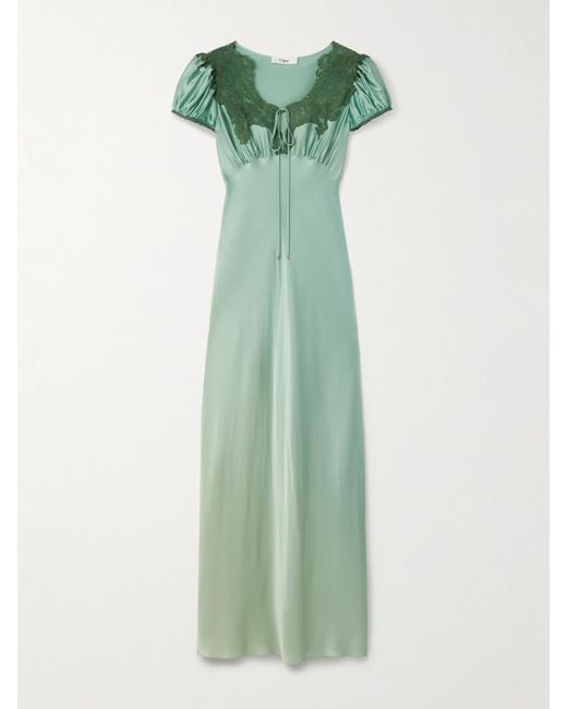 Chloé Green Lace-Trimmed Silk-Satin Gown