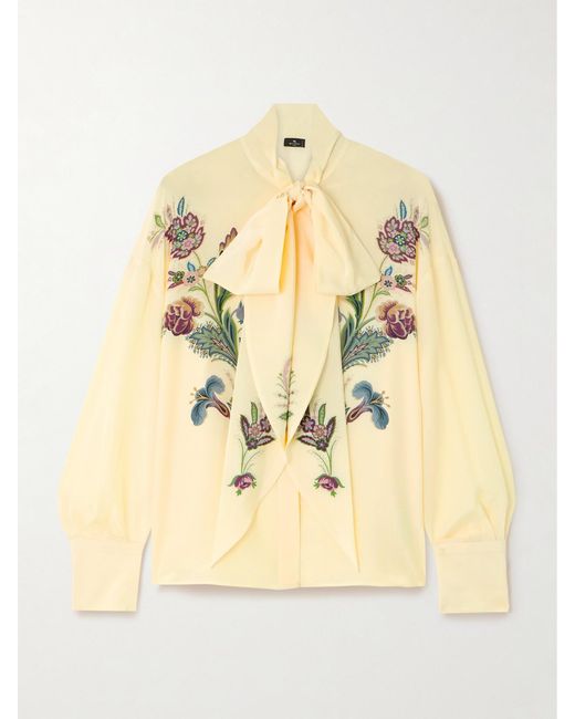 Etro Natural Pussy-Bow Floral-Print Silk-Chiffon Blouse