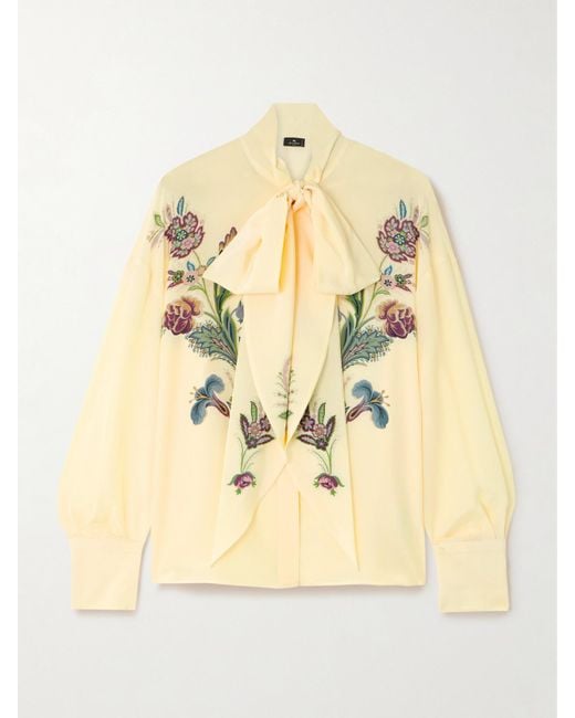 Etro Natural Pussy-Bow Floral-Print Silk-Chiffon Blouse