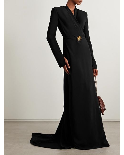 Oscar de la Renta Black Wrap-Effect Embellished Belted Crepe Gown