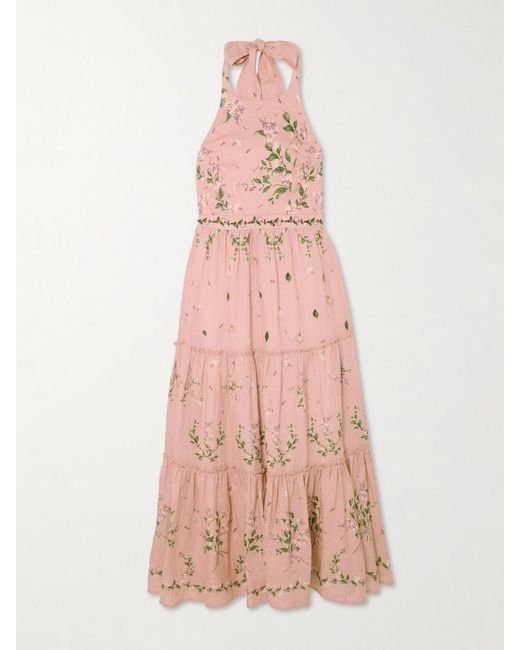 Agua Bendita Pink Consuelo Wisteria Tiered Embroidered Floral-Print Linen Halterneck Midi Dress
