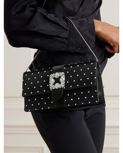 Manolo Blahnik Black Capri Satin-Trimmed Crystal-Embellished Embroidered Mesh Clutch