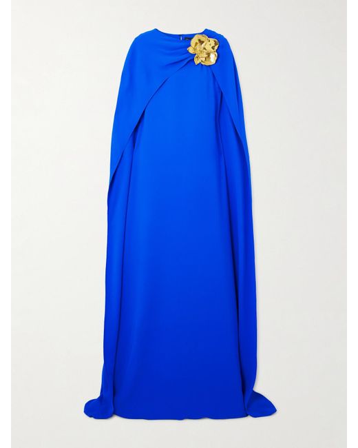 Oscar de la Renta Blue Cape-Effect Silk-Blend Georgette Gown