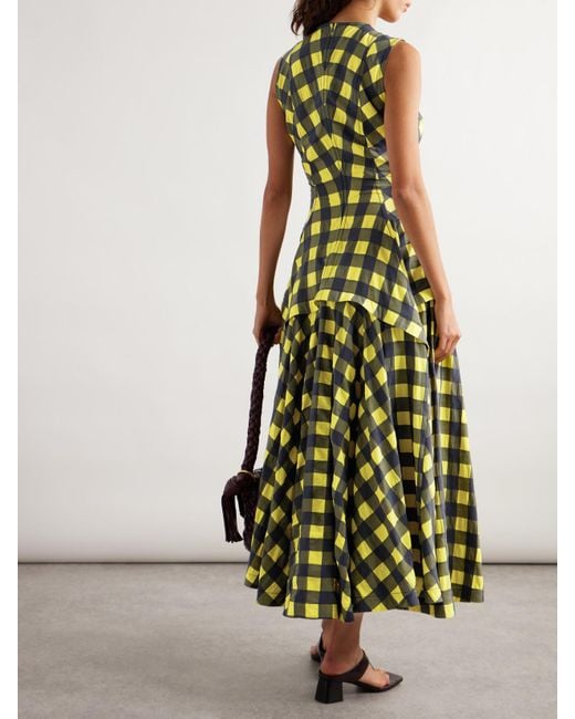 Bottega Veneta Green Pleated Paneled Checked Cotton Midi Dress