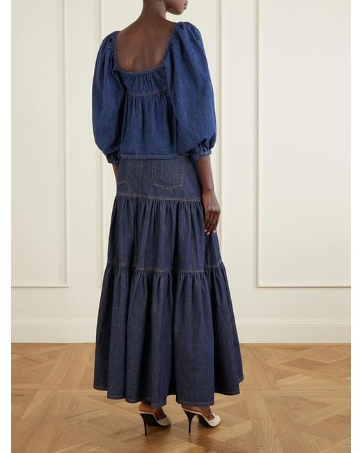 Saint Laurent Blue Gathered Denim Blouse