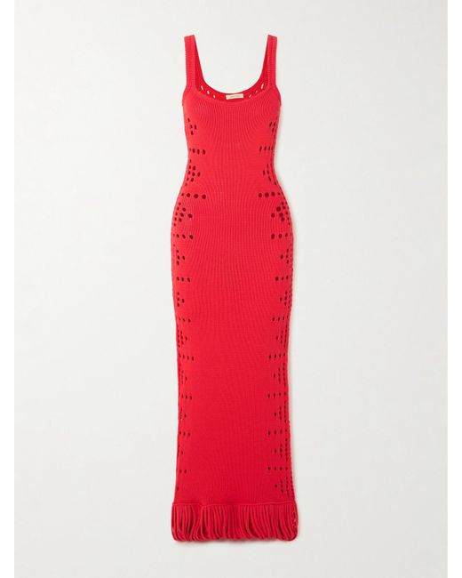 DIOTIMA Red Moore Fringed Pointelle-Knit Cotton-Blend Maxi Dress
