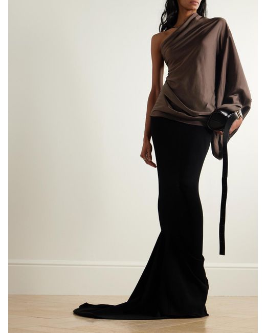 Rick Owens Brown One-Shoulder Draped Satin Blouse