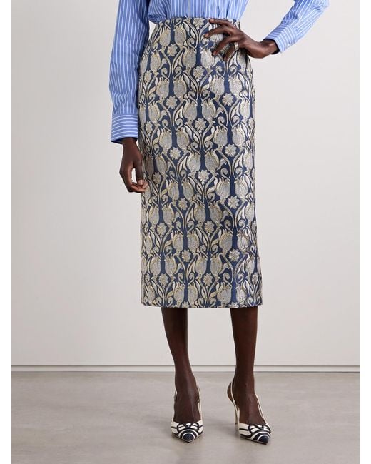 Valentino Garavani Blue Metallic Floral-Brocade Midi Skirt