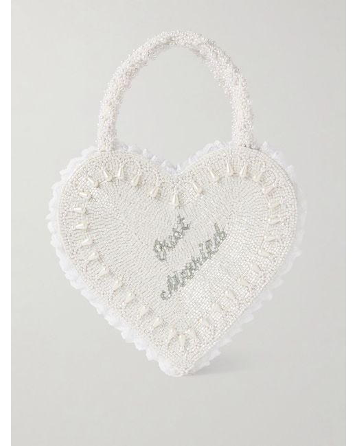 Clio Peppiatt White Just Married Lace-Trimmed Beaded Twill Tote