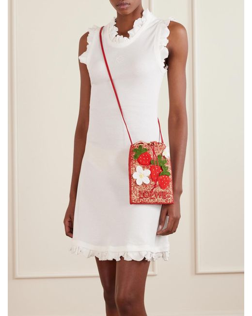 Loewe White Paula's Ibiza Leather-Trimmed Embroidered Woven Raffia Bucket Bag