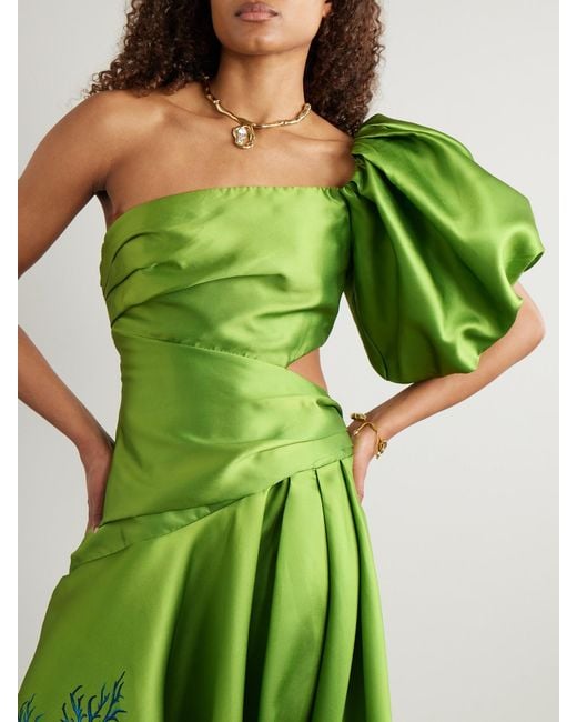 ALÉMAIS Green Sam Pauletto Aquatica One-Shoulder Gathered Printed Recycled Satin-Twill Dress