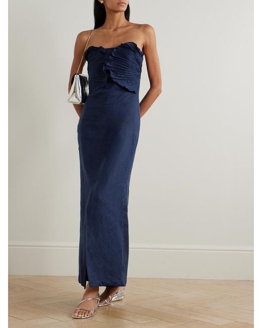 ANDRES OTALORA Blue Bajo Palmera Trägerloses Maxikleid Aus Leinen Mit Falten