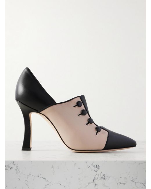 Manolo Blahnik Natural Sisygambis 105 Button-Embellished Two-Tone Leather Pumps