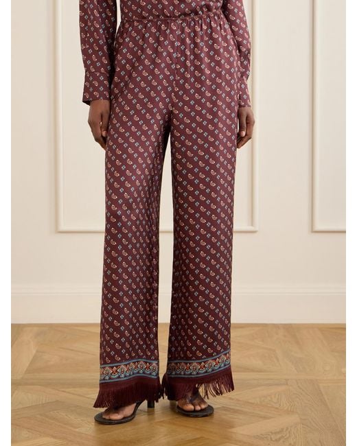 Doen Red Lavon Fringed Printed Silk-Blend Satin Wide-Leg Pants
