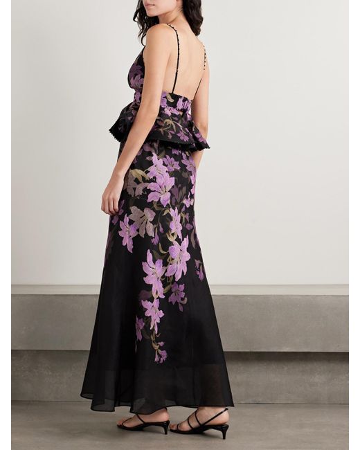 Zimmermann Black Dawning Maxikleid Aus Einer Leinen-Seidenmischung Mit Blumenprint, Zierperlen Und Schößchen