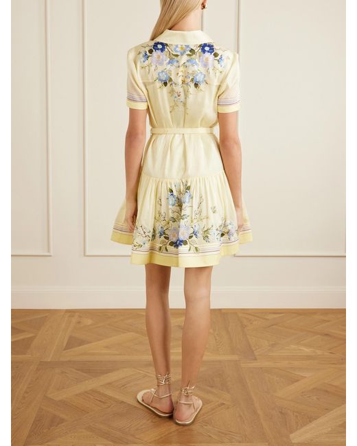 Self-Portrait Metallic Belted Floral-Print Organza Mini Shirt Dress