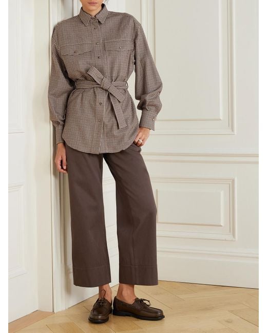 Brunello Cucinelli Gray Belted Bead-Embellished Checked Wool Shirt