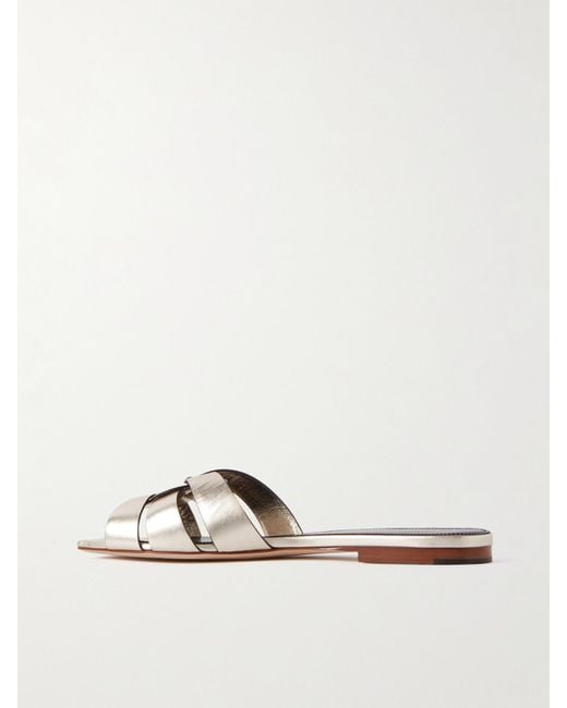 Saint Laurent White Tribute Woven Metallic Leather Slides