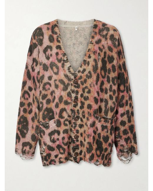 R13 Brown Distressed Animal-Print Cashmere Cardigan