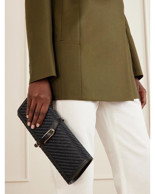 Liffner Gray Belted Leather-Trimmed Raffia Clutch