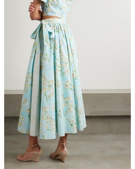 Emilia Wickstead Blue Evelyna Pleated Floral-Print Cotton-Poplin Midi Wrap Skirt