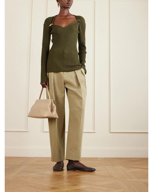 Bottega Veneta Green Embellished Ribbed Cashmere And Silk-Blend Sweater