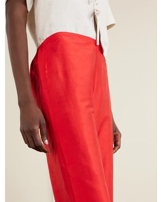 Staud Red Stroll Silk-Dupioni Wide-Leg Pants