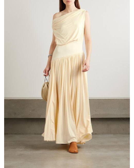 Abadia Natural Gwen One-Shoulder Asymmetric Draped Jersey-Trimmed Stretch-Bamboo Maxi Dress