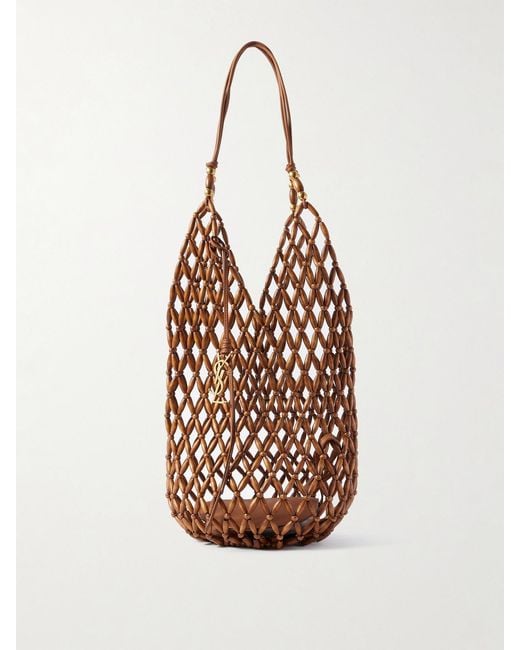 Saint Laurent White Leather-Trimmed Beaded Wood Tote
