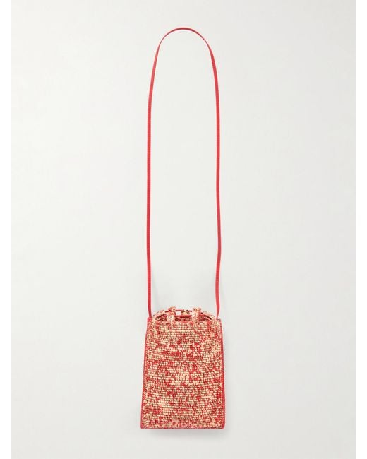 Loewe White Paula's Ibiza Leather-Trimmed Embroidered Woven Raffia Bucket Bag