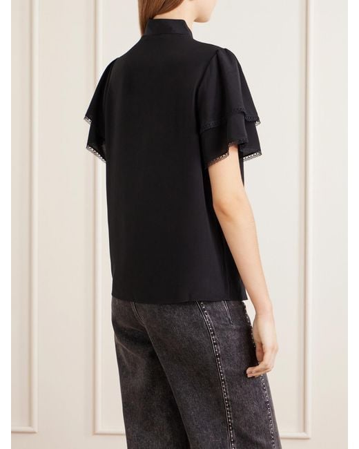 FRAME Black Arcadia Lace-Trimmed Silk Blouse