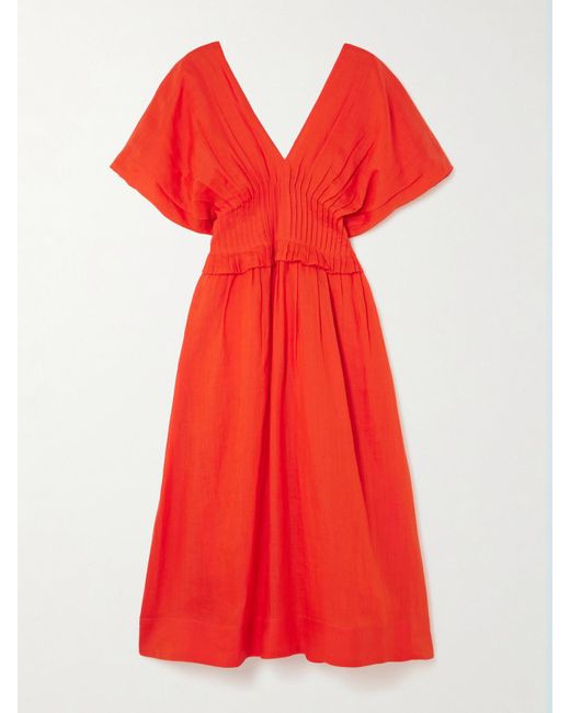 Sea Red Zora Pleated Ramie Midi Dress