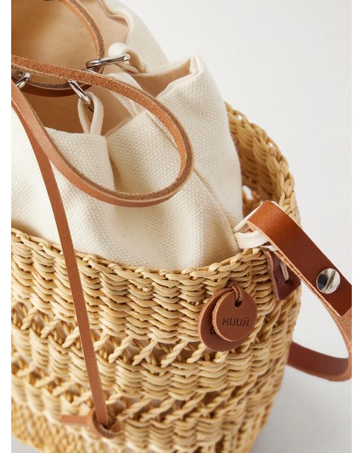 Muuñ Natural Minette Leather-Trimmed Raffia Shoulder Bag