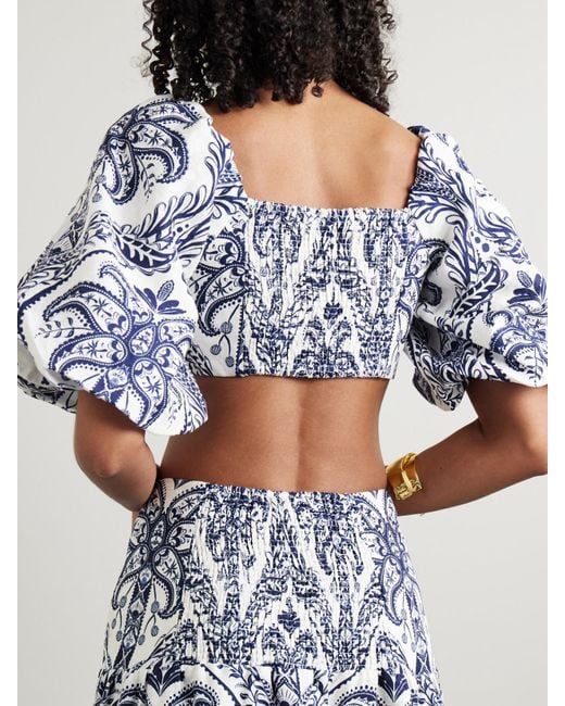 Haut Raccourci En Lin Imprimé À Smocks Tropical Cameo Farm Rio en coloris Blue