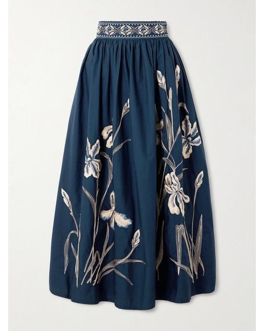 Emporio Sirenuse Blue Ombretta Iris Pleated Embroidered Cotton-Blend Poplin Midi Skirt