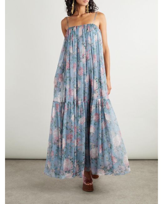 Chloé Blue Maxikleid Aus Seide Mit Blumenprint Und Raffungen