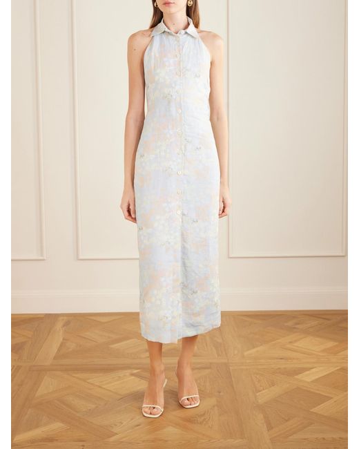 BERNADETTE White Cici Jasmin Floral-Print Linen Halterneck Midi Dress