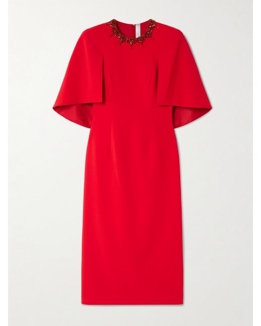 Jenny Packham Red Ursa Cape-Effect Crystal-Embellished Crepe Midi Dress