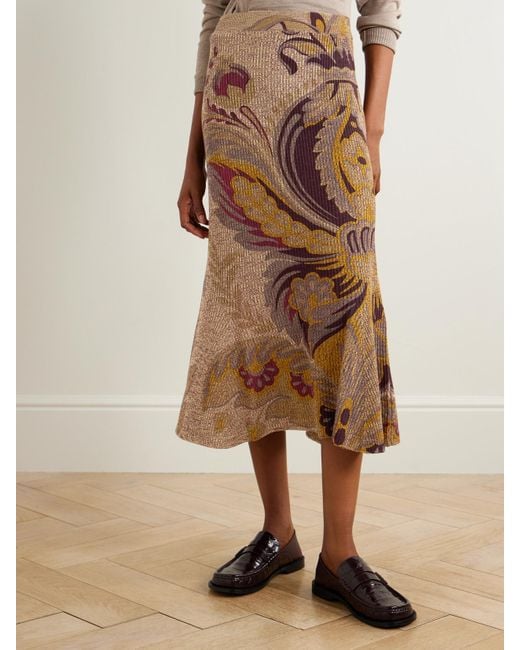 Etro Natural Ribbed Paisley-Print Wool Skirt