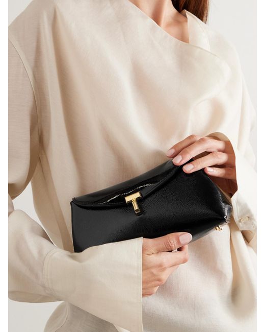 Totême Black T-Lock Mini Textured Patent-Leather Clutch